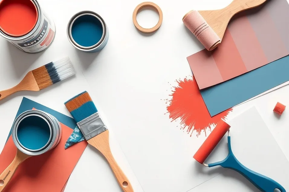Pots de peinture, nuancier, brosses et rouleaux disposés à plat