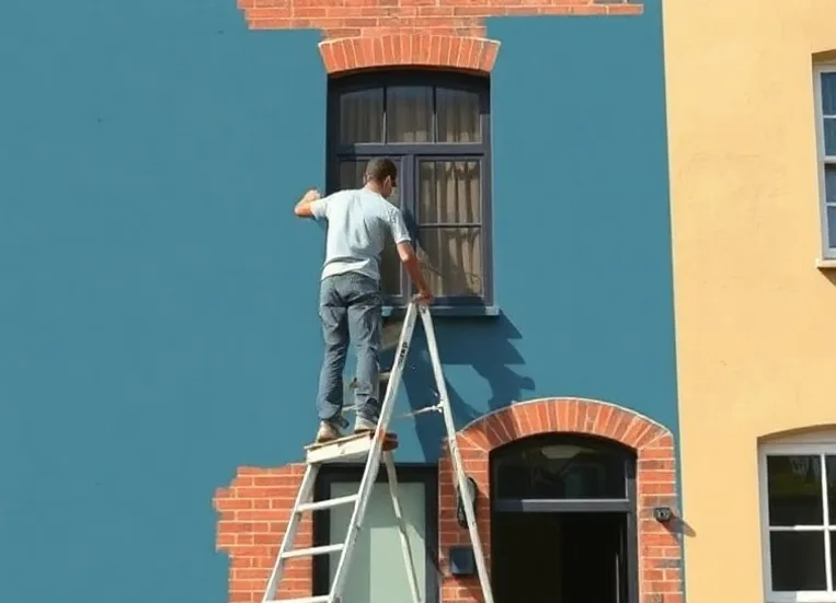 Peintre sur échafaudage traitant la façade d'une maison