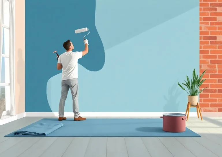 Peintre appliquant la peinture au rouleau sur un mur de salon